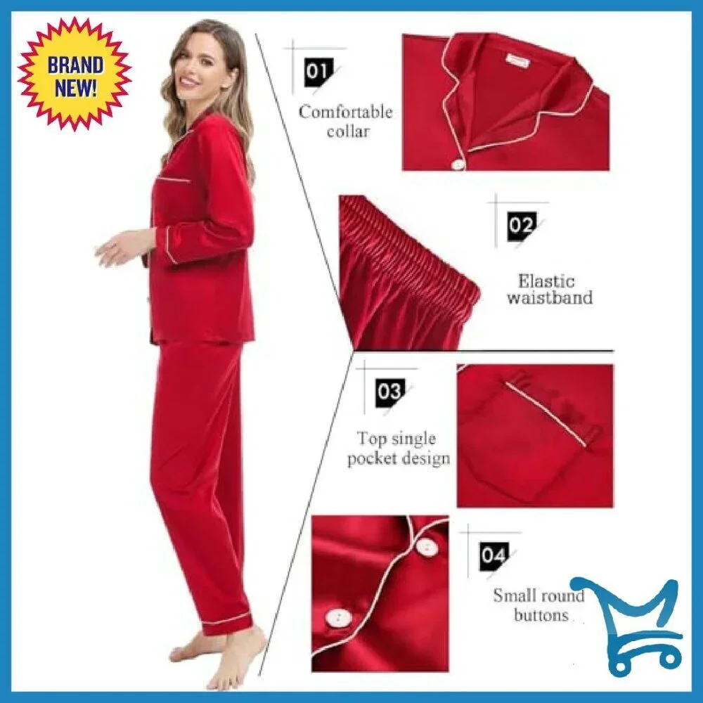 Silk Satin Pajama Set Long Sleeve Button Down Sleepwear Lounge